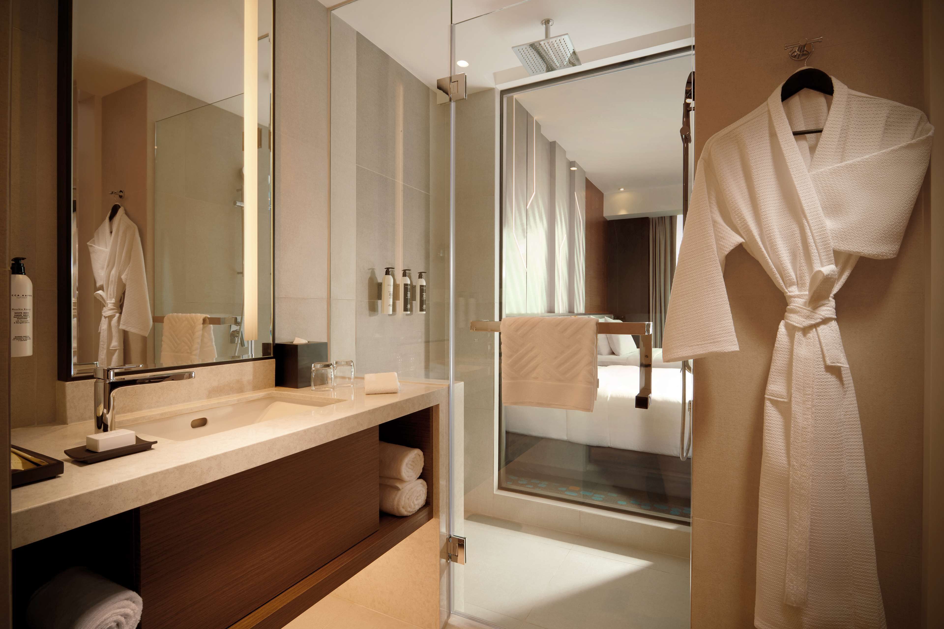 A modern bathroom with a glass shower enclosure, a large mirror, and a robe hanging on the wall.