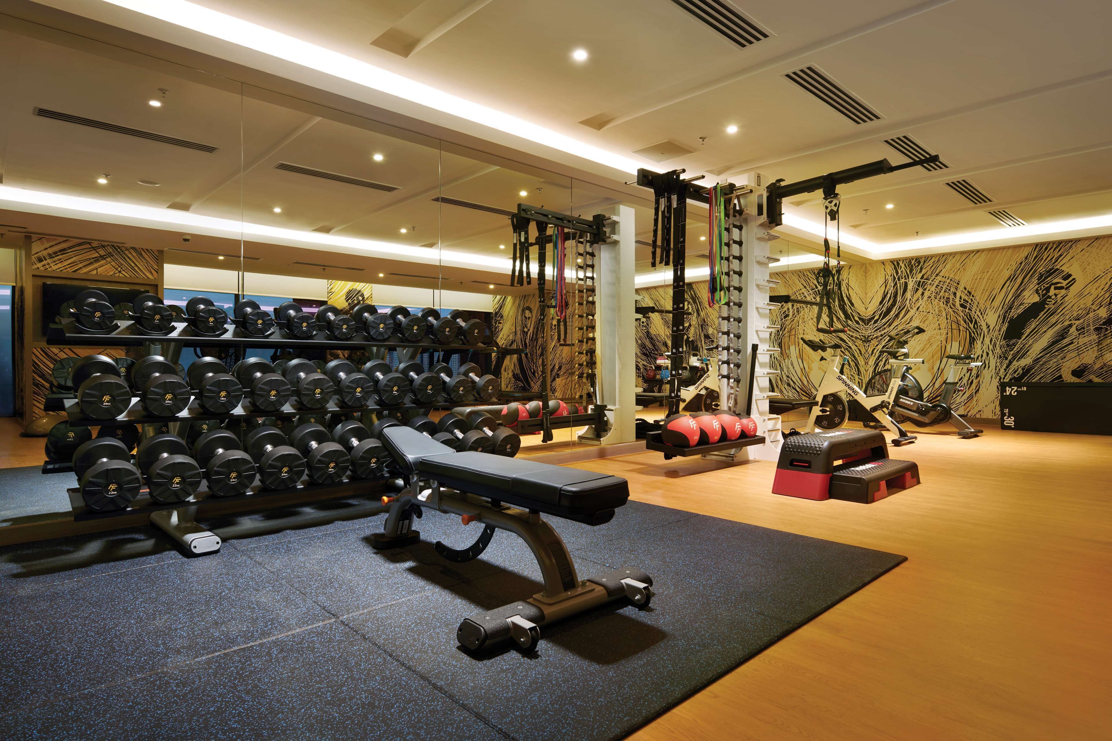 A gym with weightlifting equipment, a bench, and a mirrored wall.