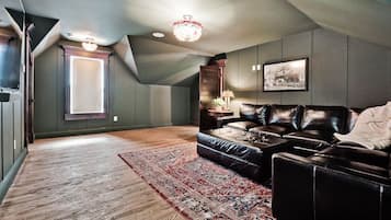 TV connectée, cheminée, livres