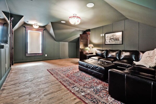 Smart TV, fireplace, books