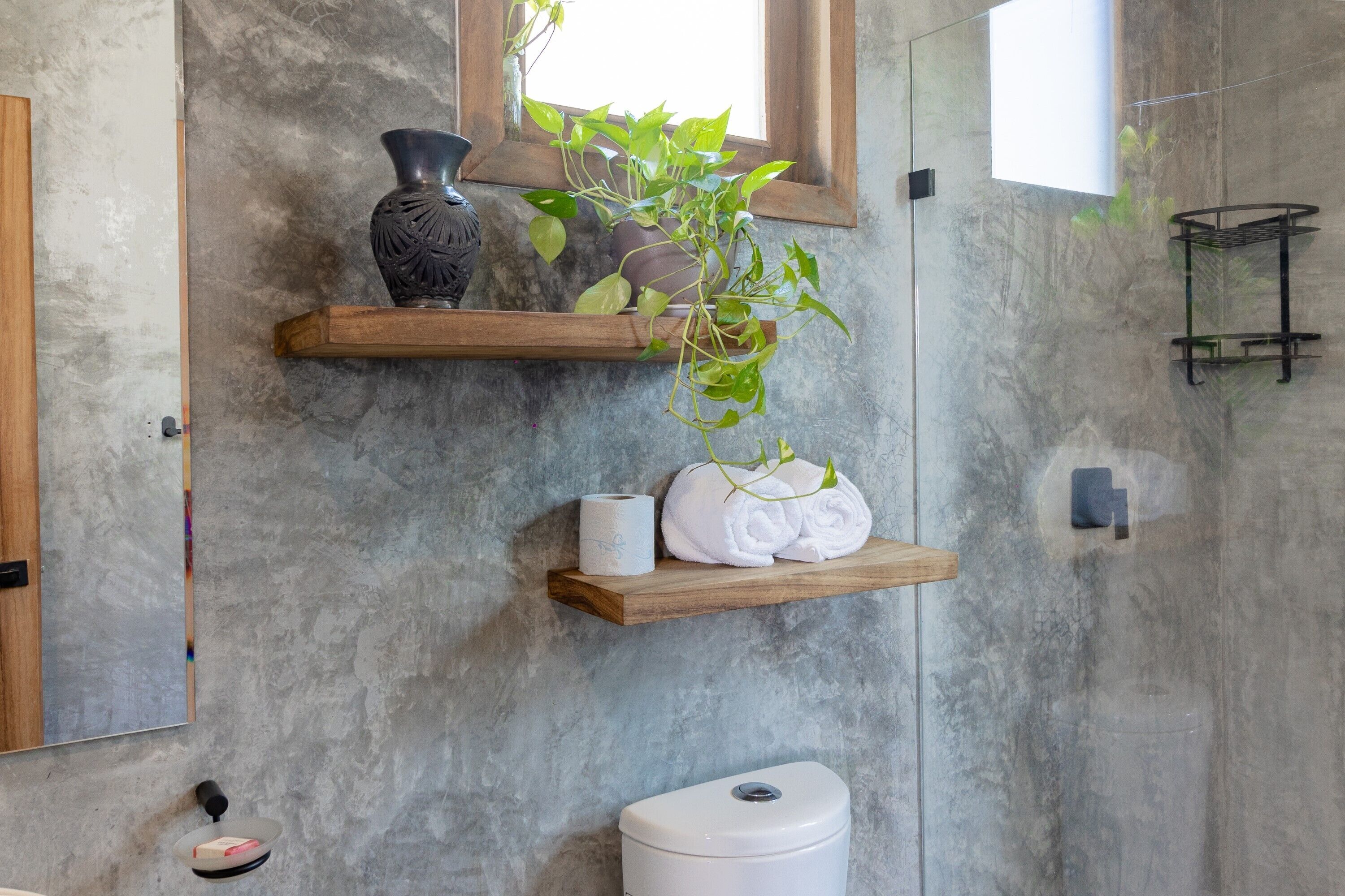 Un baño con pared de concreto, repisas de madera, un inodoro, un perchero y una planta en maceta.