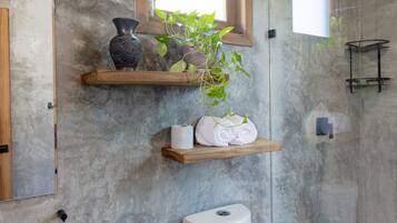Un baño con pared de concreto, repisas de madera, un inodoro, un perchero y una planta en maceta.