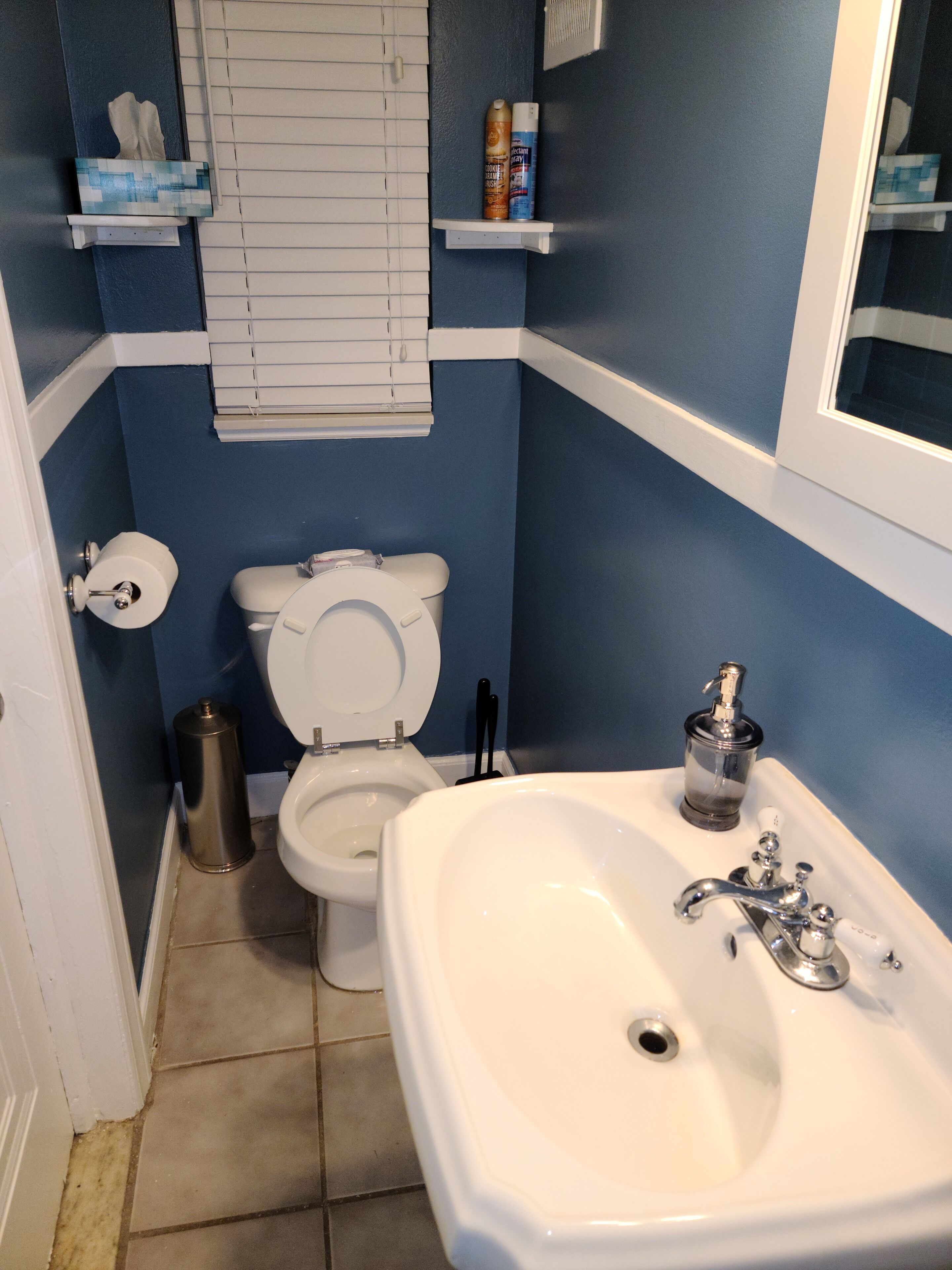 A bathroom with a toilet, sink, and shelves with toiletries.