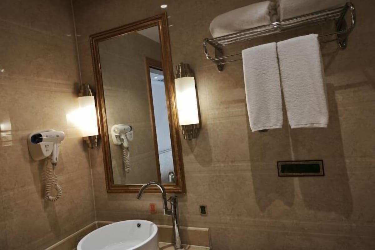 Un baño con lavamanos, espejo, toallero y secador de pelo.