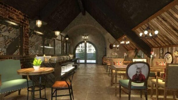A cozy restaurant with a rustic interior, featuring exposed brick walls, wooden beams, and a vaulted ceiling. There are several tables and chairs arranged for dining, with a large arched doorway leading to an outdoor area. - Xile'er Hotel (Emeishan City)