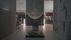 A modern interior with a central column labeled "BLACK FOREST," flanked by stone walls and a glass partition. - ACT Hotel (Daegu)