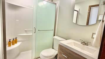 Douche, séchoir à cheveux, serviettes fournies