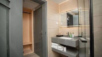 A modern bathroom with a glass shower enclosure, a built-in sink, and a mirror.