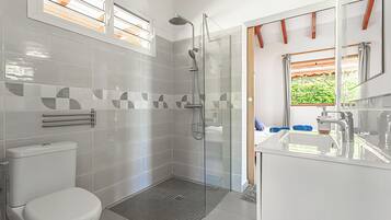 Shower, towels, soap, toilet paper