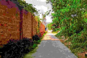 Un estrecho callejón con un muro de ladrillo a la izquierda y abundante follaje a la derecha.