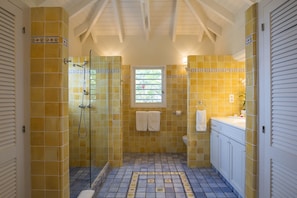 Shower, hair dryer, towels