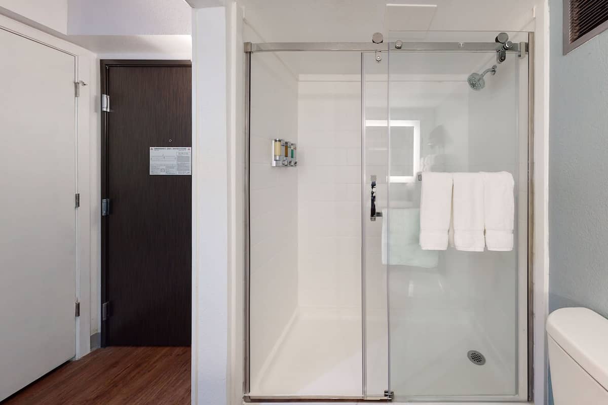A modern bathroom with a glass-enclosed shower, a toilet, and a towel rack.