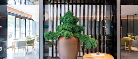 A modern interior with a large potted plant, a wooden table, and seating areas.
