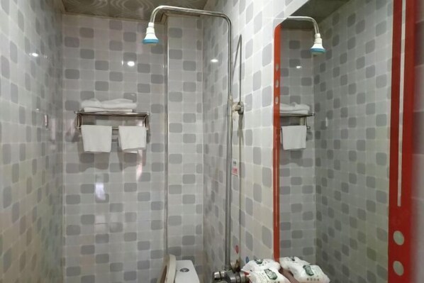 Een douche met een glazen deur, een handdoekhouder en een spiegel.