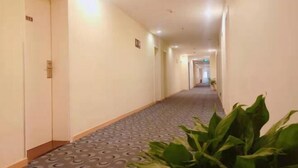 A hotel hallway with a patterned carpet, doors on the left, and a plant in the foreground. - 7 Days Holiday Hotel (Guiyang Gaicha Avenue Zhongshan Middle Road) (Guiyang)