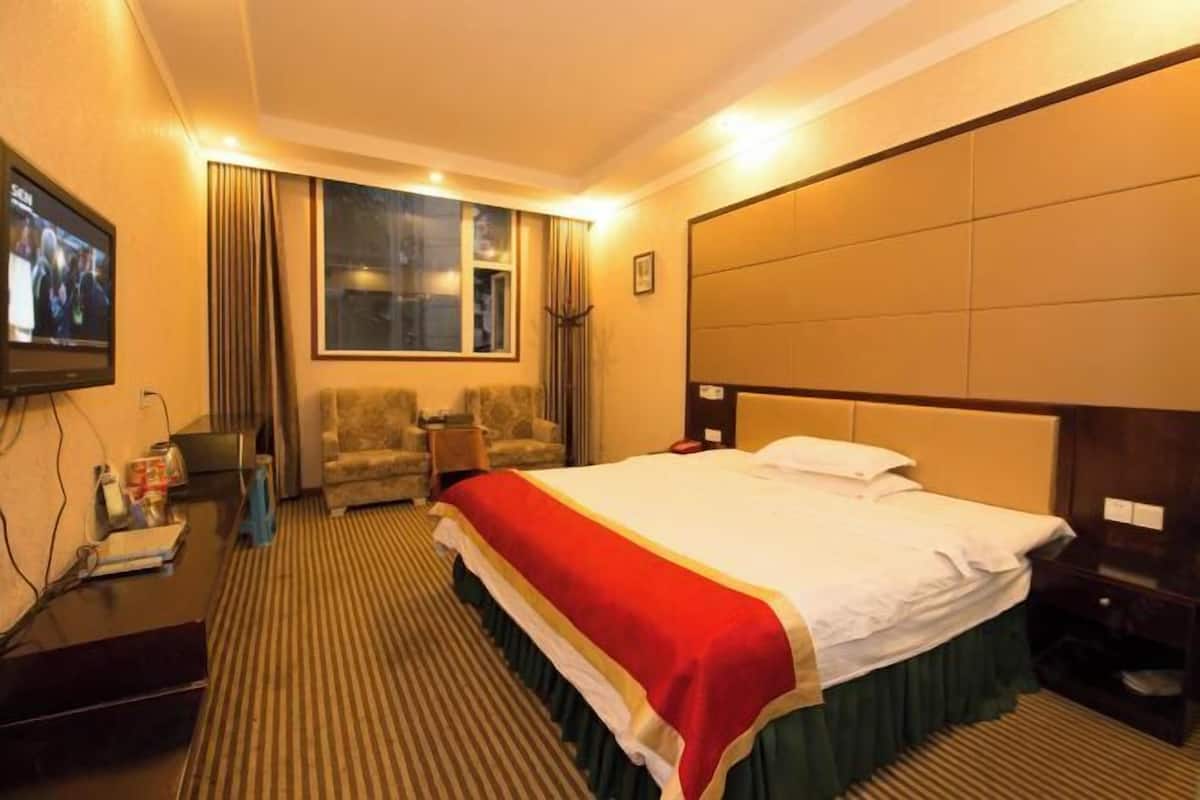 A hotel room with a bed, a television, a desk, and a chair.