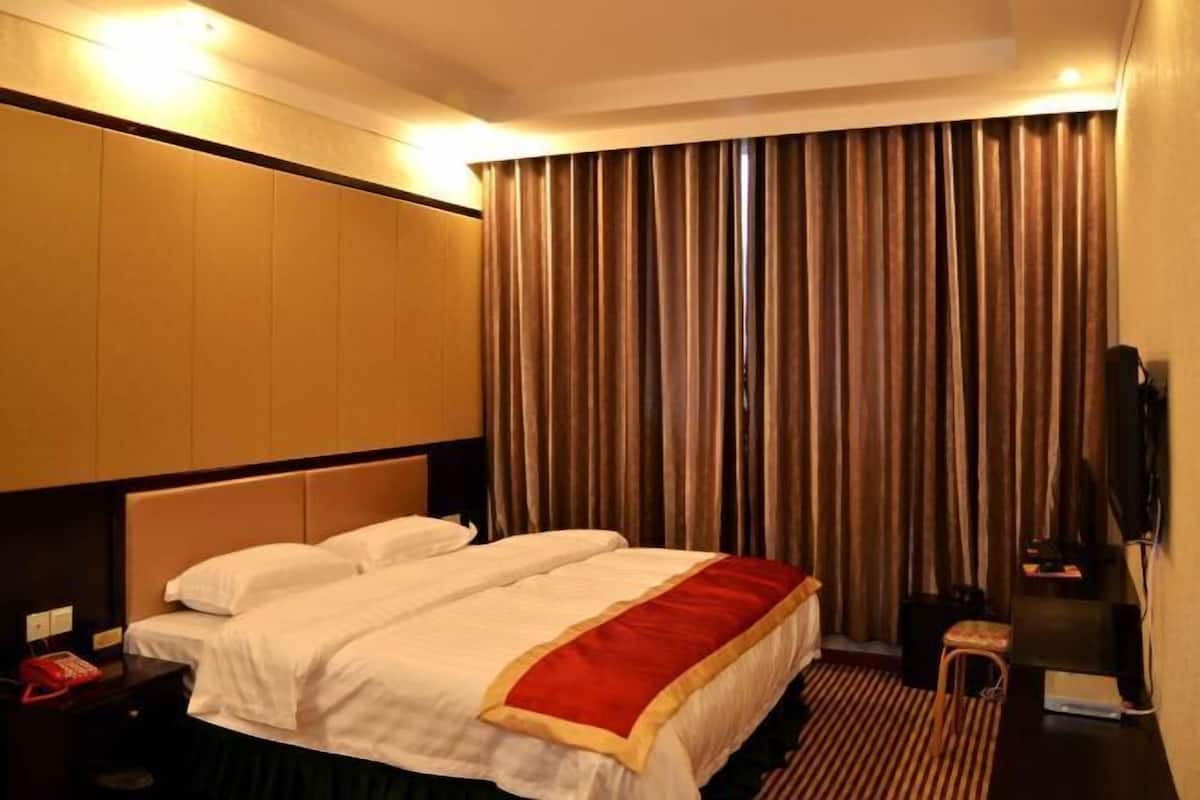 A hotel room with a bed, a television, a desk, and a chair.