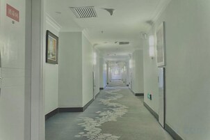 Un pasillo de hotel con alfombra estampada, cuadros enmarcados en las paredes y un letrero que indica el camino a la recepción.