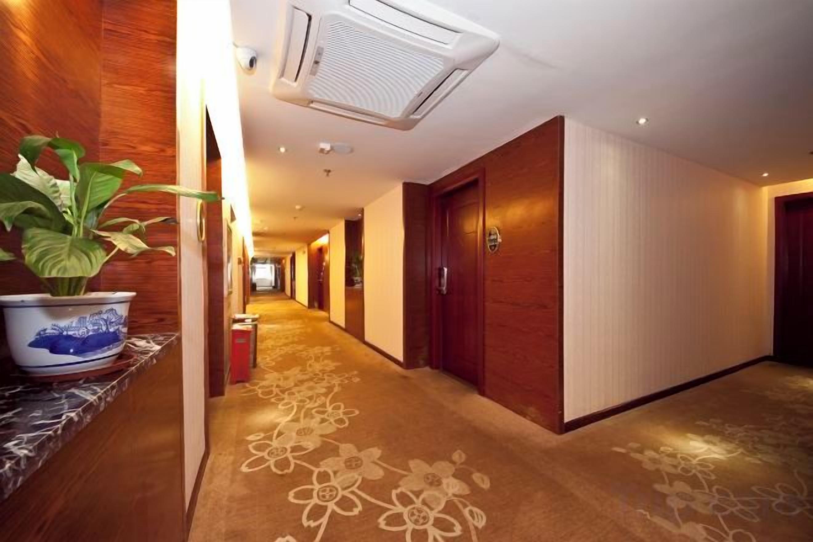 A hotel corridor with a carpeted floor, a potted plant, a fire extinguisher, and a television screen.