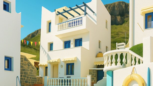 Um edifício moderno com piscina, boia e muro de pedra.