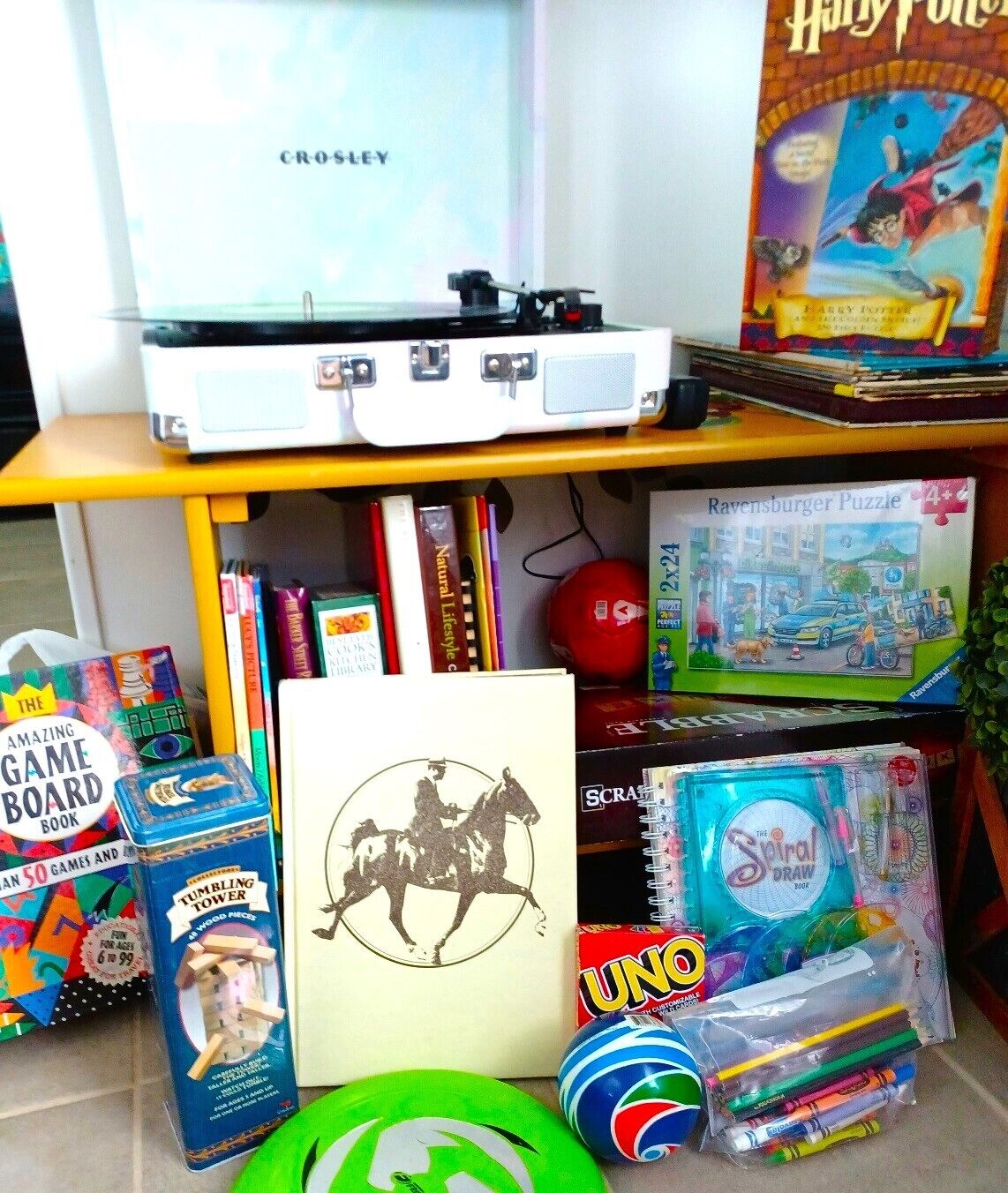 Fun games, interesting books, record player and records
