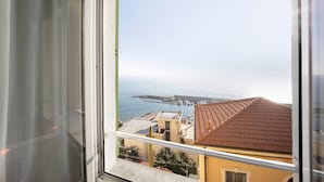 A view from a window overlooking a coastal area with buildings and a marina. - Vacation Apartment in the Historic Center with Sea View and Shared Garden (Bordighera)