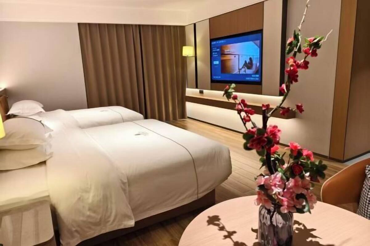 Een hotelkamer met twee bedden, een televisie aan de muur en een vaas met bloemen op een tafel.