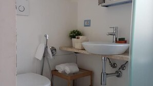 Une petite salle de bain comprenant des toilettes, un lavabo, une douche et une petite étagère sur laquelle est posée une plante.
