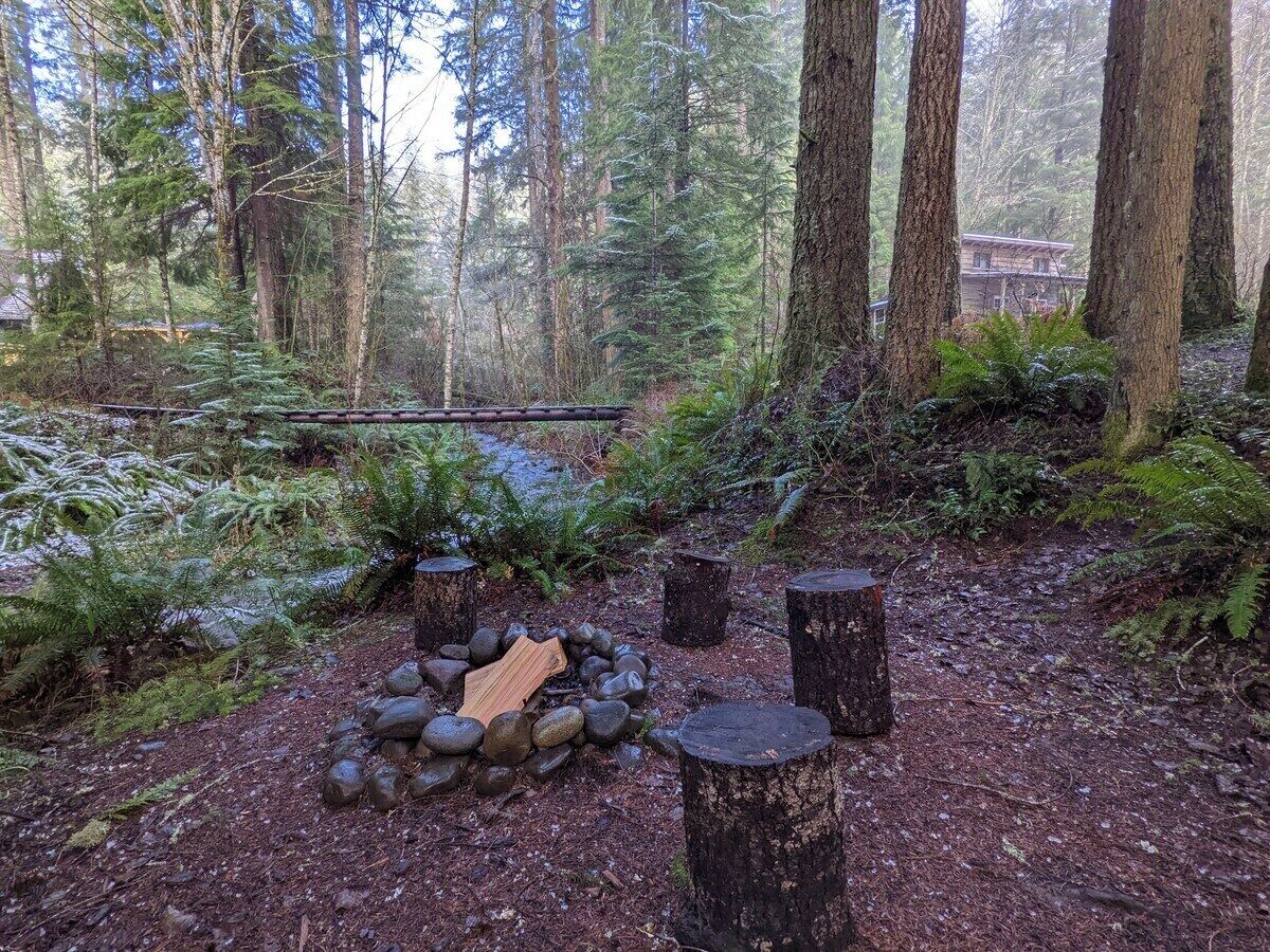 Zona boscosa con un hogar para fogatas rodeado de rocas y tocones.