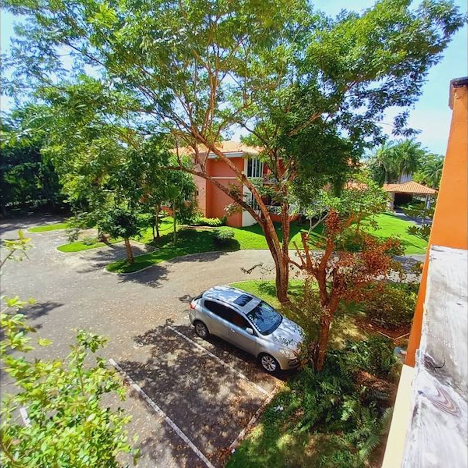 A residential area with a parked car, a building with a red roof, and lush greenery.