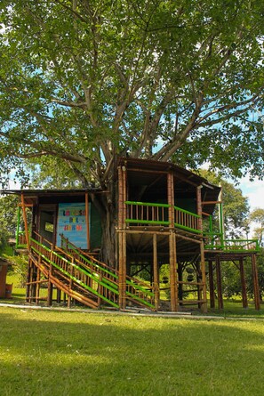 A treehouse with a wooden staircase, a small deck, and a sign that reads "LA CASA DEL ARBOY". - Room-tree House Finca La Floresta Verde (Pereira)