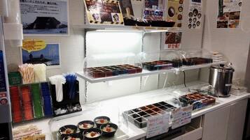 A food display with various items and informational posters.