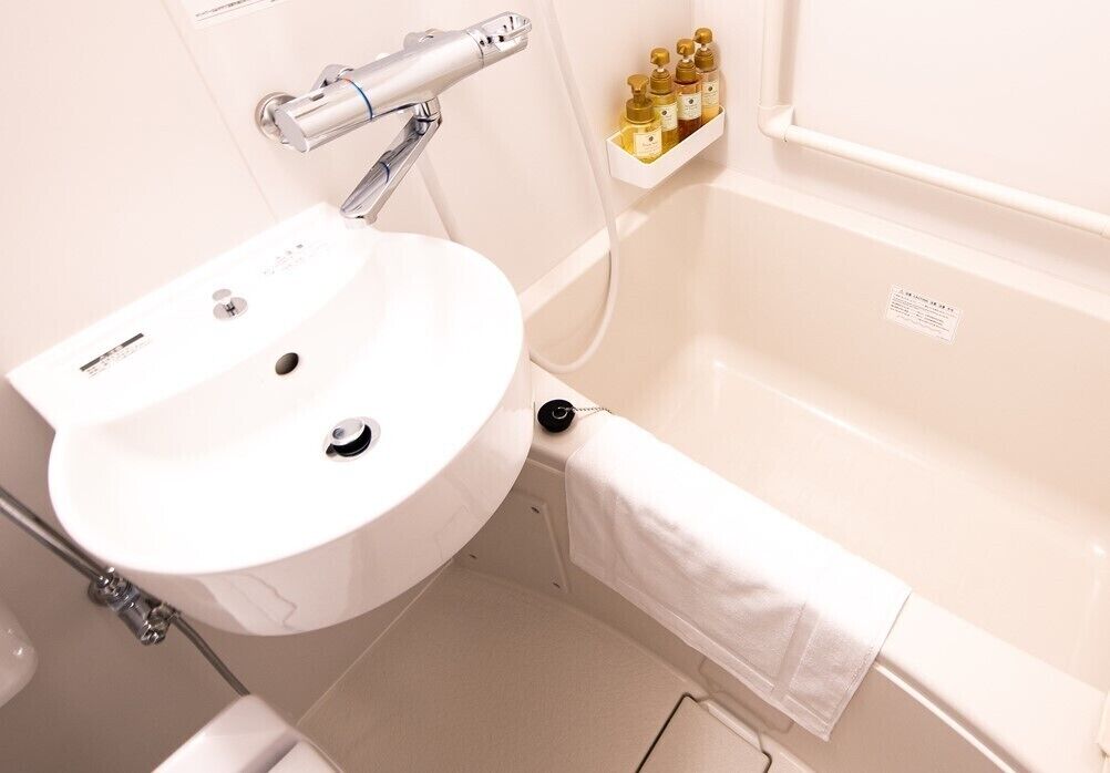 Combined shower/tub, hair dryer, slippers, electronic bidet