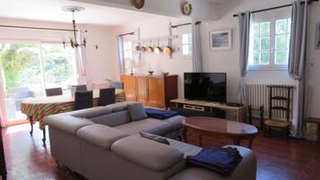 TV, fireplace, DVD player, books