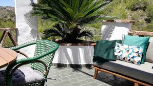 A patio with a wicker chair, a cushioned sofa, and a potted palm tree. - Frigiliana 010 (Frigiliana)