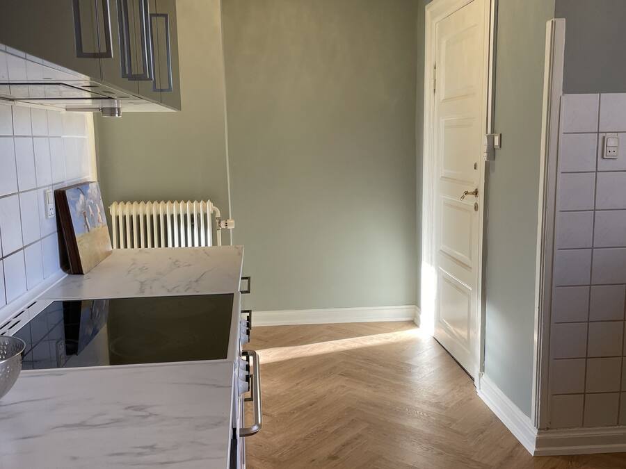 Una cocina moderna con encimera de mármol, suelo de madera y una puerta blanca.