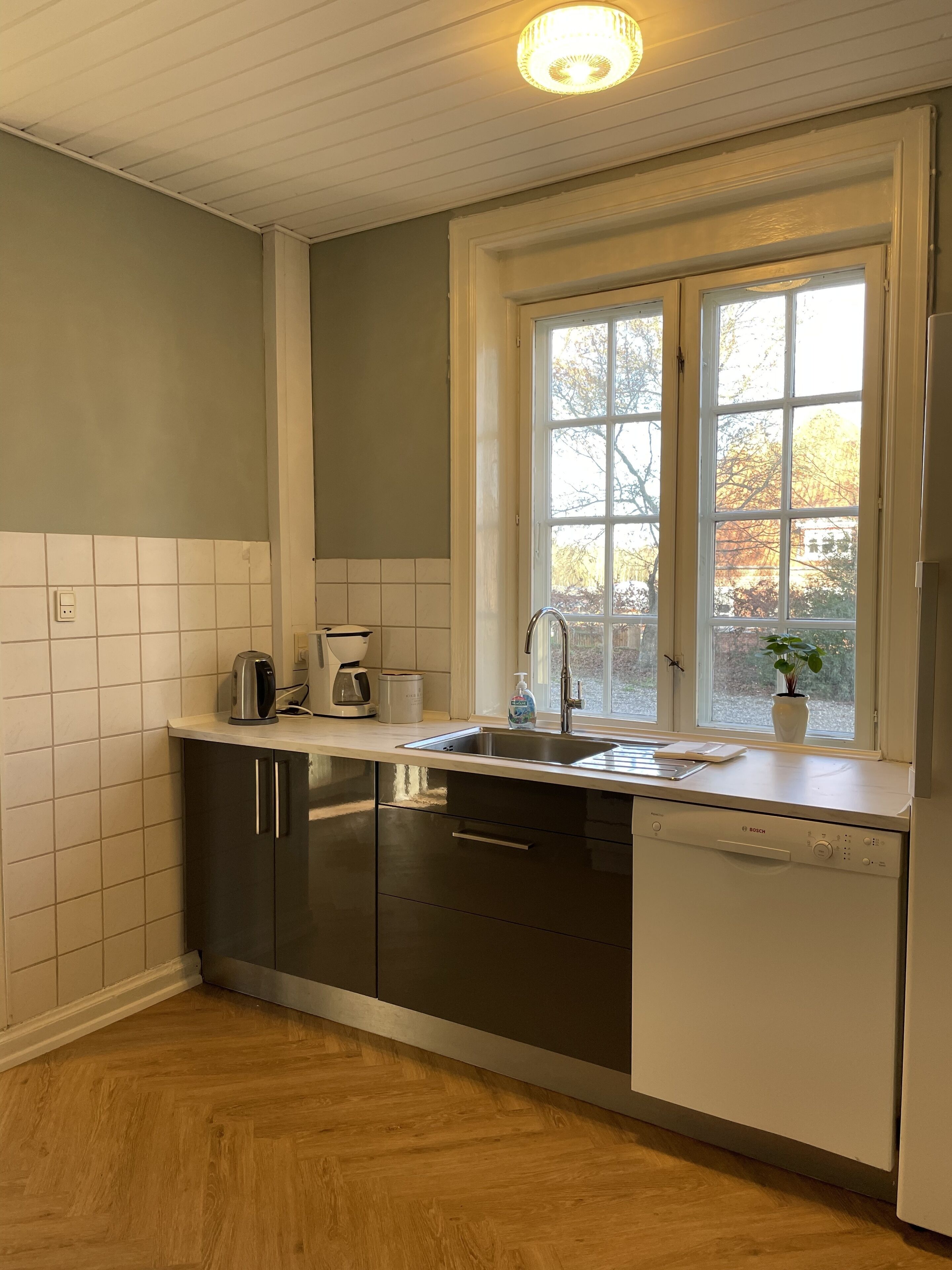 A modern kitchen with a built-in dishwasher, a sink, and a window with a view of trees.