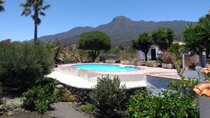 Uma piscina cercada por vegetação e uma montanha ao fundo.