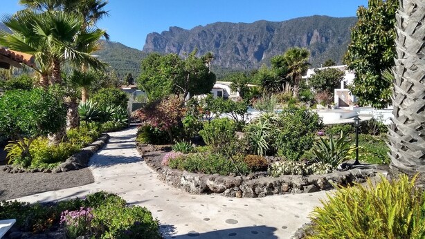 Uma trilha no jardim leva a um prédio branco, com montanhas ao fundo.