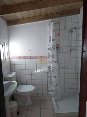 Ein Badezimmer mit Toilette, Waschbecken und Dusche.