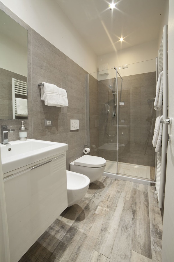 Dusche, Bidet, Handtücher, Toilettenpapier