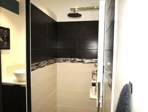 Dusche, Haartrockner, Handtücher, Toilettenpapier
