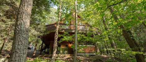 A cabin in a forest with a wooden deck and a covered porch.