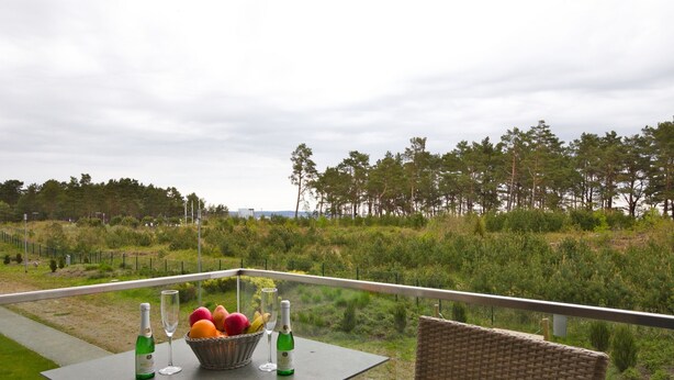 A table with a bottle of wine, a basket of fruit, and two wine glasses on a balcony overlooking a grassy area with trees. - Beautiful apartment in top beach location with sea view (Ostseebad Binz)