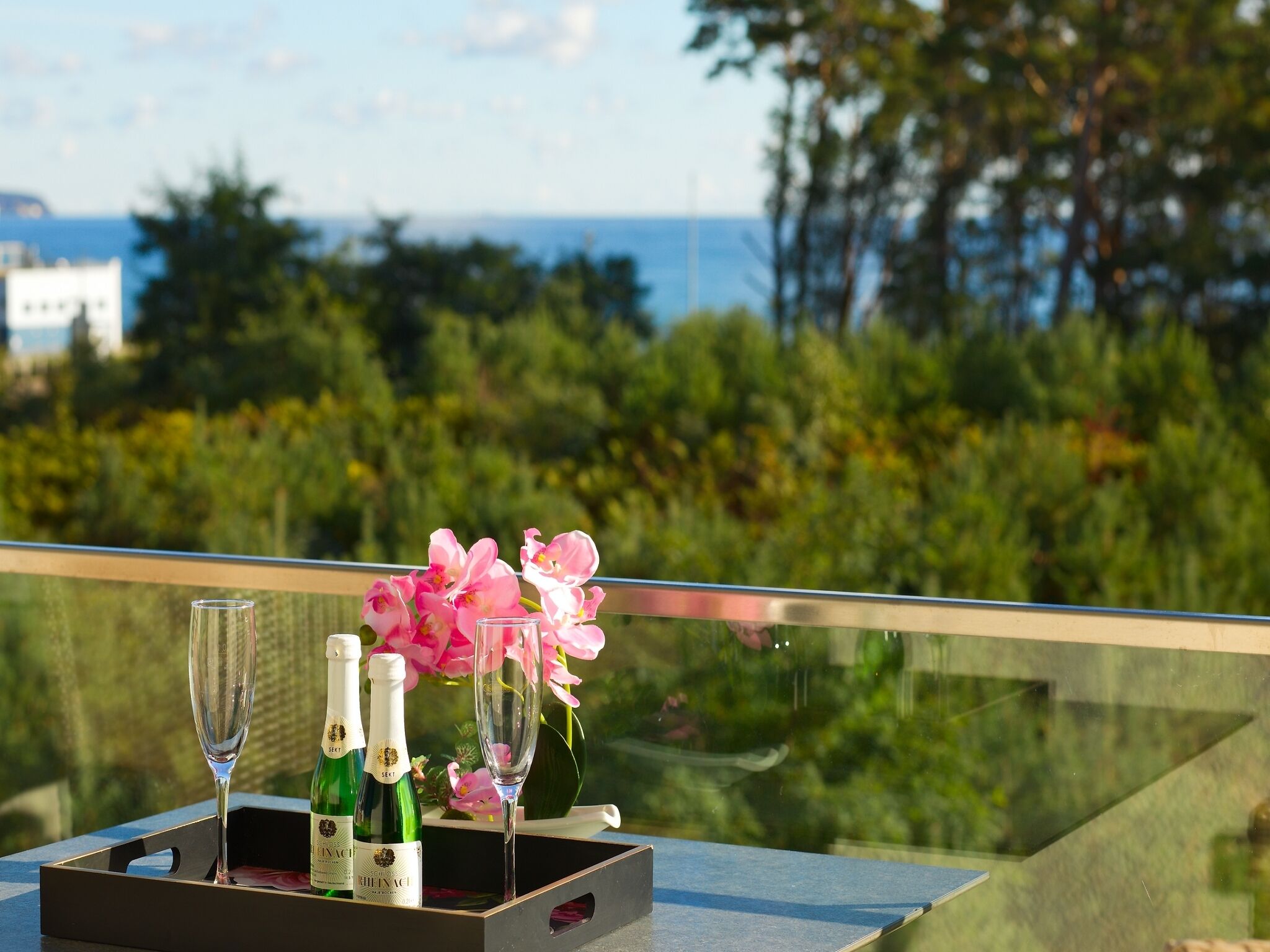 Et bord med champagneflasker og glas, lyserøde blomster og udsigt til hav og grønt.