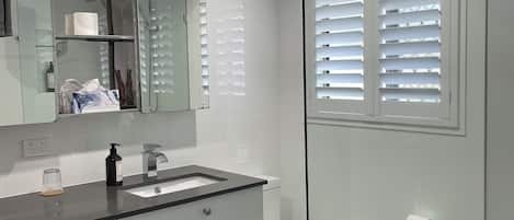 Dusche, Haartrockner, Handtücher, Seife