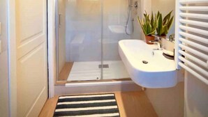 A modern bathroom with a glass-enclosed shower, a white sink, and a potted plant. - Loft in Florence/Boboli with reserved garage parking space (Firenze)