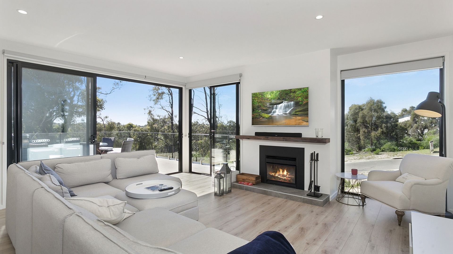 TV, fireplace, music library