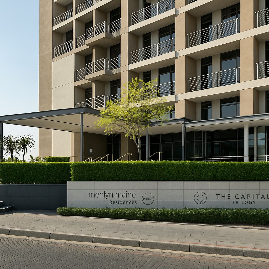 A modern multi-story building with a covered entrance and a sign for 'Menlyn Maine Residences.'