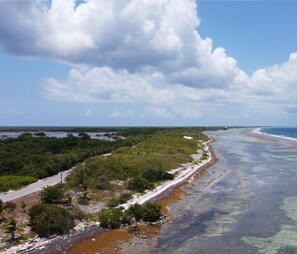 A coastal landscape with a road, beach, and ocean. - The ROCK HOUSE with Private Beach on Little Cayman (Blossom Village)